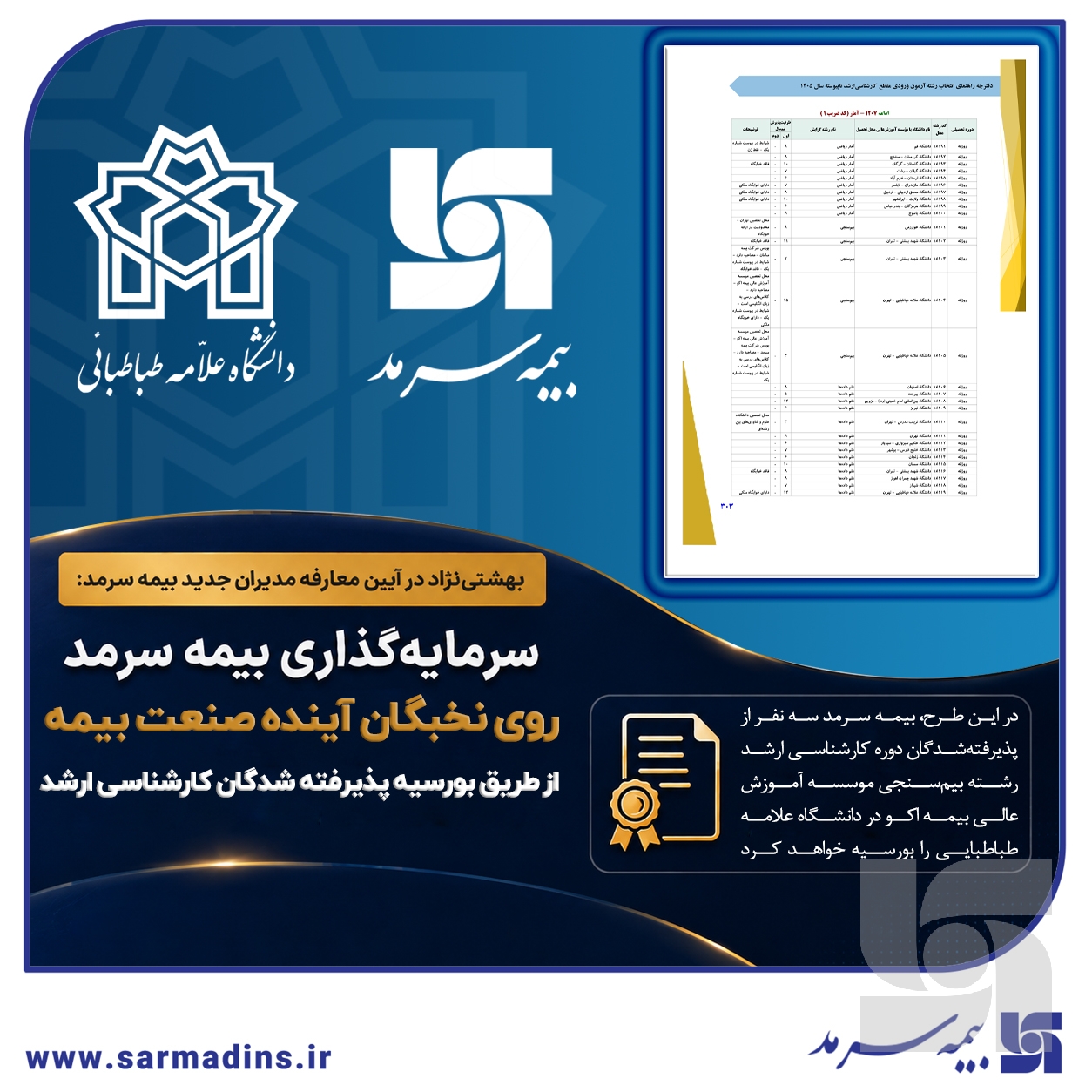 سرمایه‌گذاری بیمه سرمد روی نخبگان آینده صنعت بیمه؛ بورسیه پذیرفته‌شدگان دوره کارشناسی ارشد رشته بیم‌سنجی در آزمون سراسری
