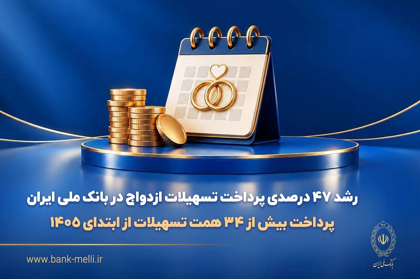 رشد ۴۷ درصدی پرداخت تسهیلات ازدواج در بانک ملی ایران/ پرداخت بیش از ۳۴ همت تسهیلات از ابتدای ۱۴۰۵