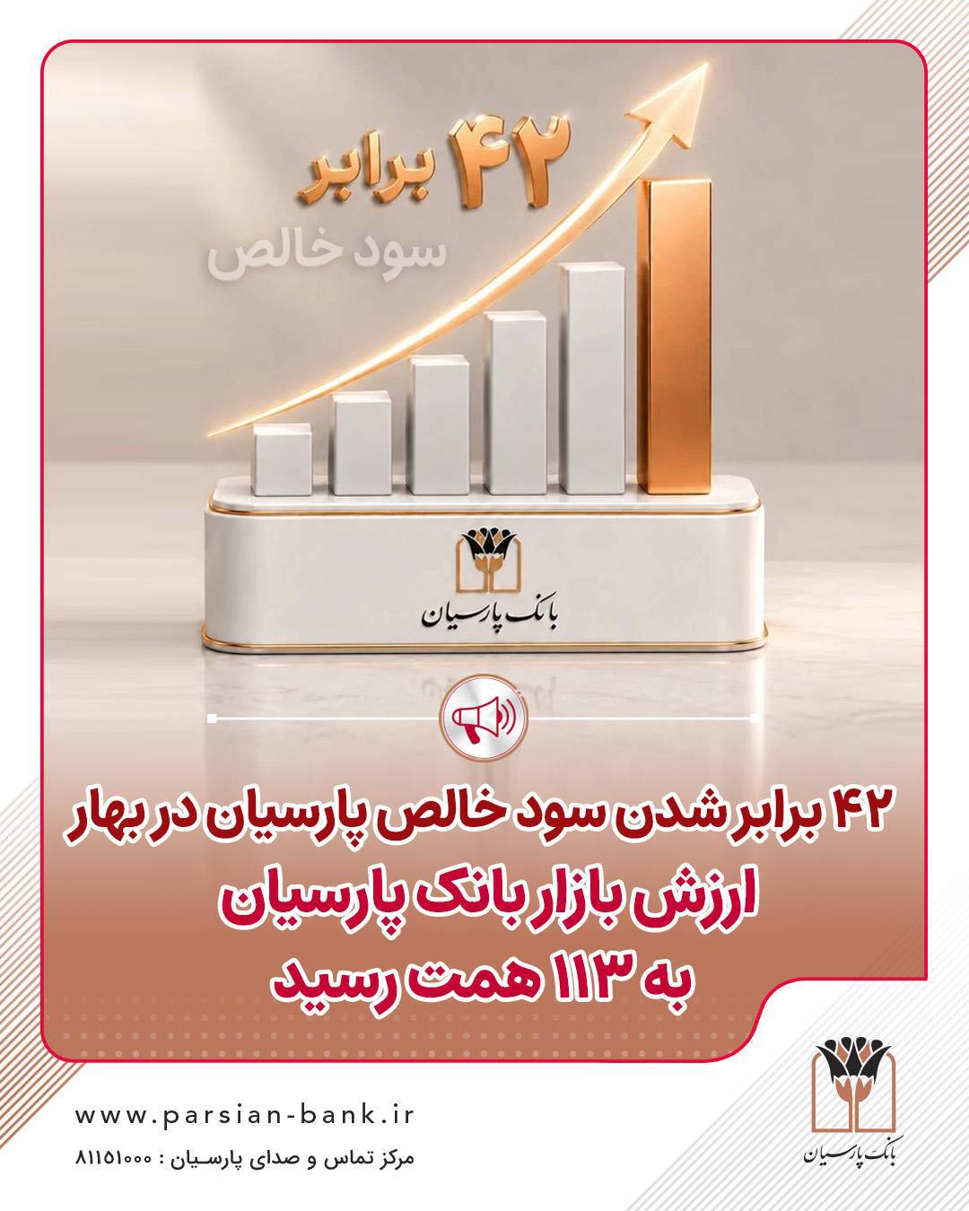 42 برابرشدن سودخالص پارسیان در بهار/ ارزش بازار بانک پارسیان به 113 همت رسید